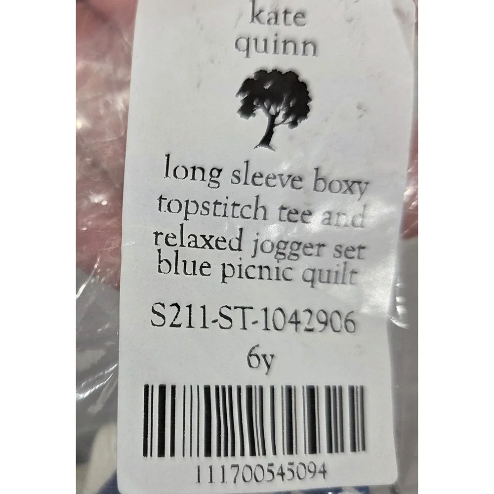Kate Quinn Blue Picnic Quilt Jogger Set Kids 6Y NWT Organic Cotton